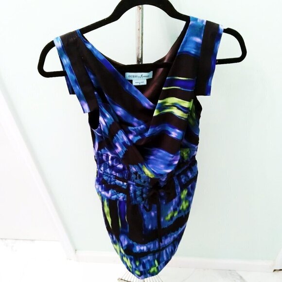 GuessbyMarciano 100% Silk Abstract Deep Sea Colors Figure Flattering  Dress Sz6 - Picture 1 of 13